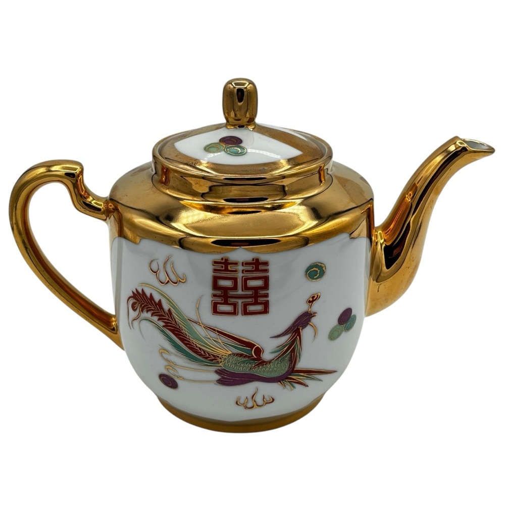 Vintage Chinese Porcelain Gold Coloured Double Happiness Dragon & Phoenix Teapot